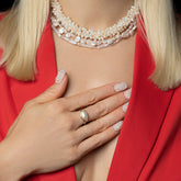 product_details::Jacana Pearl Ring, Natural Stick Pearl Strand Necklace, Tern Pearl Necklace and Braided Zipper Pearl Collar Necklace on model.