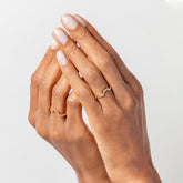 product_details::Gold Solid and Gold White Diamond Baguette Bridge Bands on model.