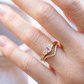 product_details::Gold White Diamond Pavé High Peak Band and Sweetheart Ring stack on model.