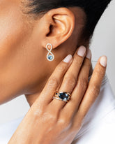Eternal Cycle Ring, Gold Solid Square Wire Curve Band and Gold White Diamond Bar Baguette Band stack on model.
