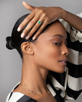 Memling Dawn Ring, Right Solid One & Others Stud Earring Single and Accumulation Necklace on model.