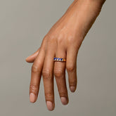 product_details::Gold Lapis Five Triangle Ring on model.