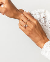 Inner Realm Ring and Gold White Diamond Bar Baguette Band on model.