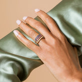 product_details::Blue Sapphire Eleven Trillion Ring, Lavender Sapphire Eleven Trillion Ring and Yellow Sapphire Eleven Trillion Ring on model.