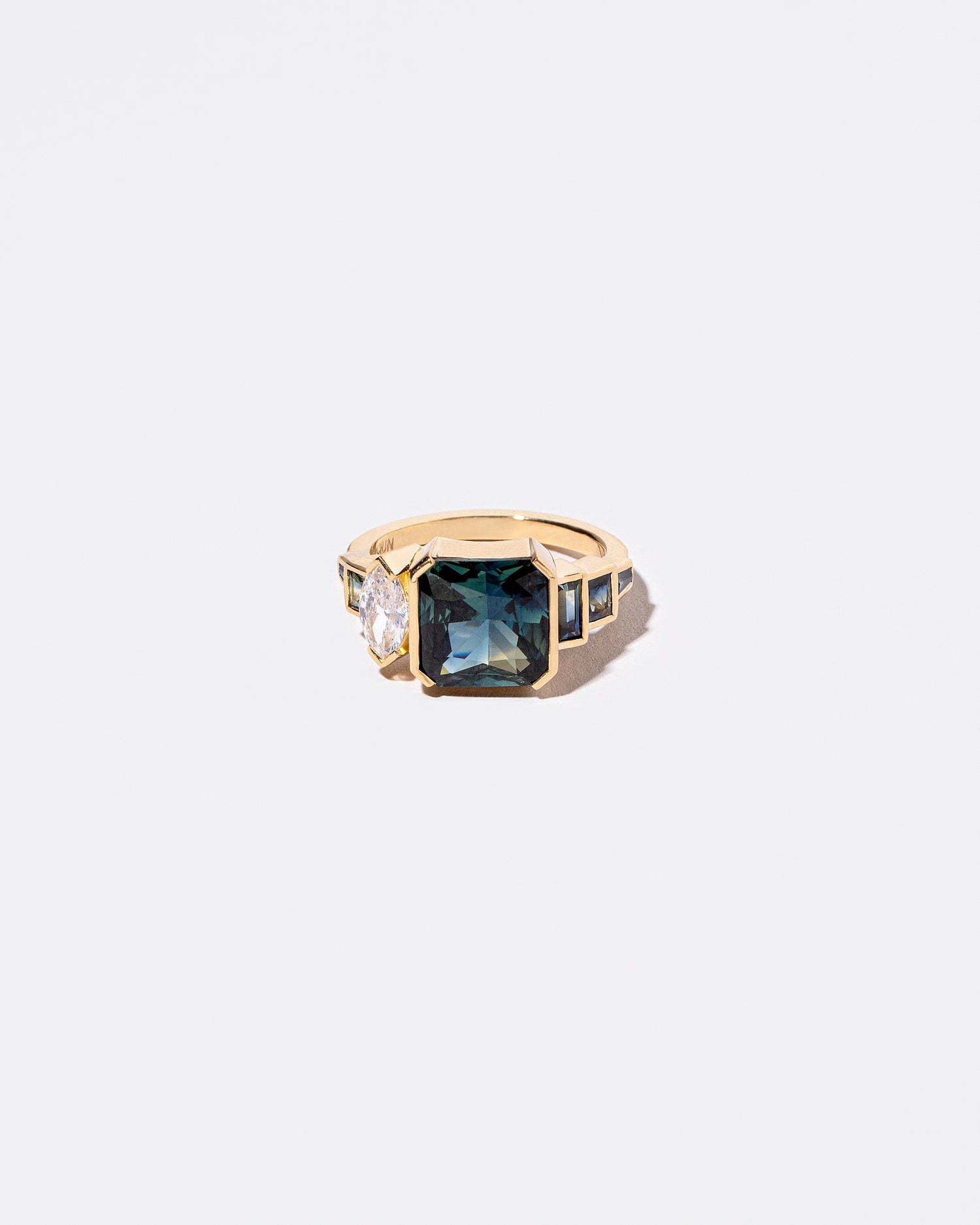 Cut Corner, Step Cut Sapphire & Diamond Line Cluster Ring front facing