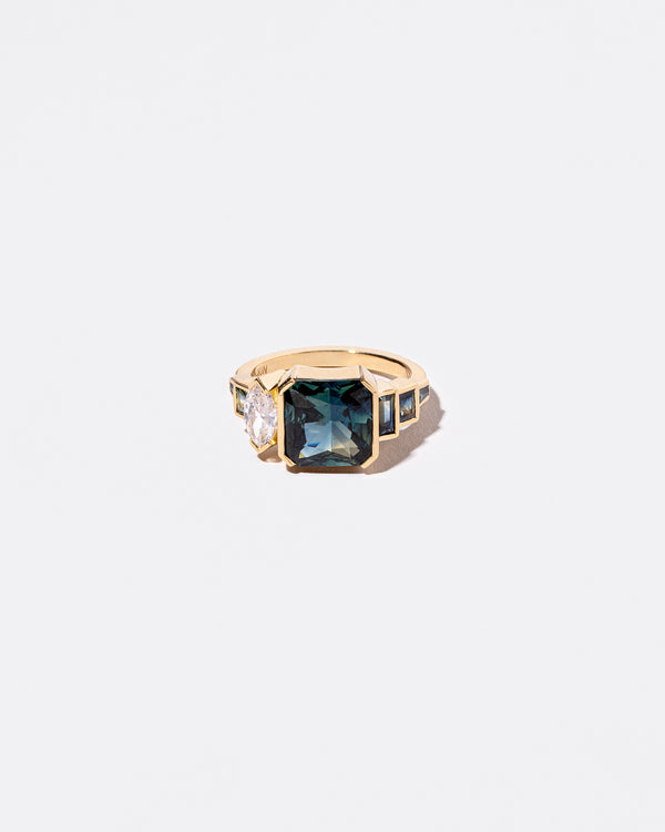 Cut Corner, Step Cut Sapphire & Diamond Line Cluster Ring front facing