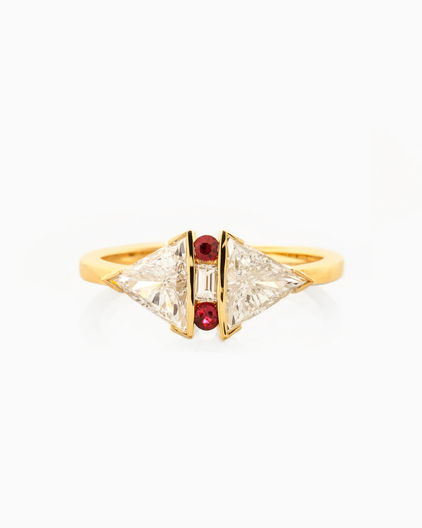 Trillion White Diamond & Ruby Ring front view
