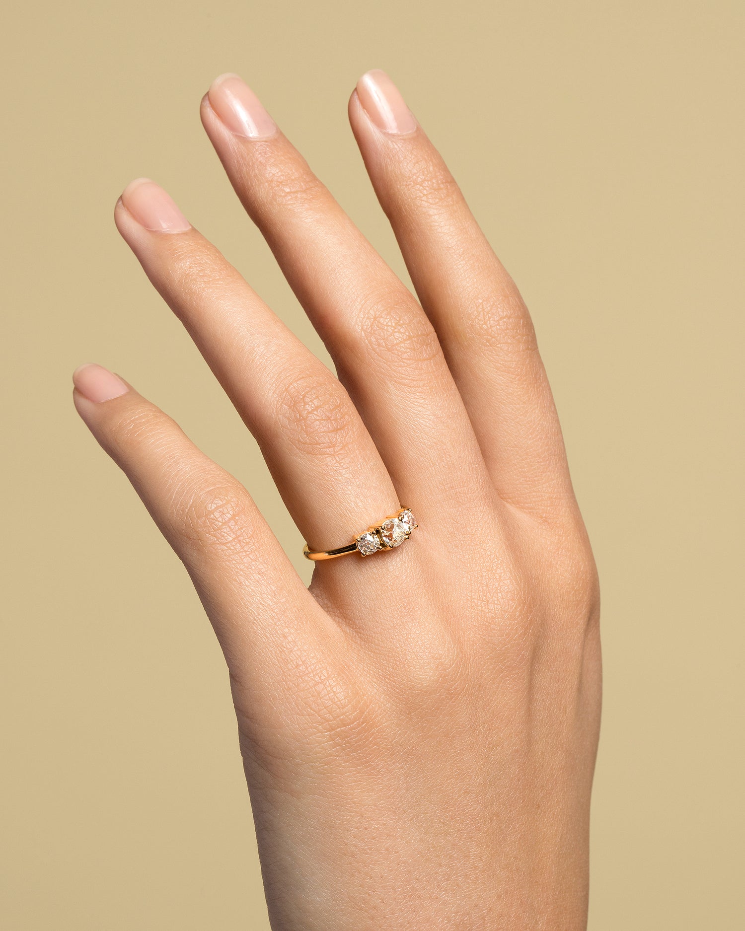 Three Stone Old Mine Cut Diamond Ring on model