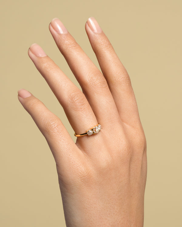 Three Stone Old Mine Cut Diamond Ring on model
