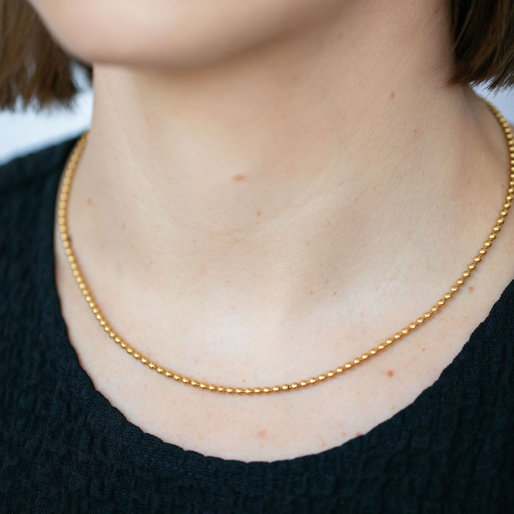 product_details::Vintage Ball Chain Necklace on model.