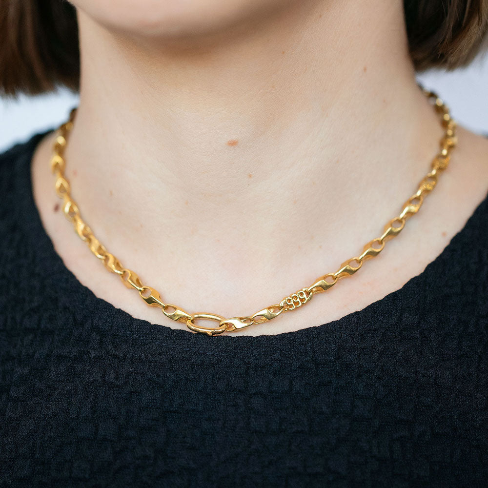 product_details::Vintage Triple Nine Chain Necklace on model.