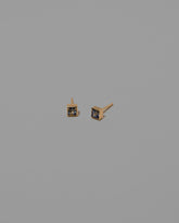 Petite Bicolor Blue Sapphire Square Frame Stud Earrings on light color background.