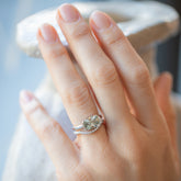 product_details::Shift Ring and Platinum White Diamond Pavé Mini Curve Band stack on model.