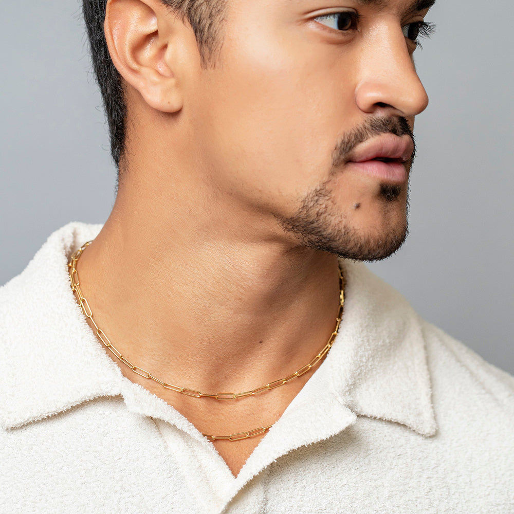 product_details::Long Oval Chain Necklaces on male model.