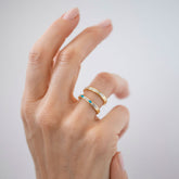 product_details::Gold White Diamond & Turquoise Channel Set Band and Gold White Diamond Channel Set Band on model.