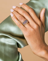 Blue Sapphire Eleven Trillion Ring, Lavender Sapphire Eleven Trillion Ring, Yellow Sapphire Eleven Trillion Ring and Peach Sapphire Eleven Trillion Ring on model.