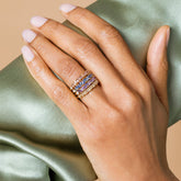 product_details::Blue Sapphire Eleven Trillion Ring, Lavender Sapphire Eleven Trillion Ring, Yellow Sapphire Eleven Trillion Ring and Peach Sapphire Eleven Trillion Ring on model.