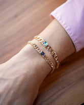 Identity Chain Bicolor Sapphire Bracelet 001 and Identity Chain Gray Spinel Bracelet 001 on model.