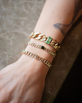 Identity Chain Bicolor Sapphire Bracelet 002, Identity Chain Green Tourmaline Bracelet 001 and a custom Identity Chain Bracelet with green garnet on model.