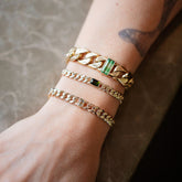 product_details::Identity Chain Bicolor Sapphire Bracelet 002, Identity Chain Green Tourmaline Bracelet 001 and a custom Identity Chain Bracelet with green garnet on model.