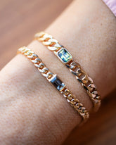 Identity Chain Bicolor Sapphire Bracelet 001 and Identity Chain Gray Spinel Bracelet 001 on model.