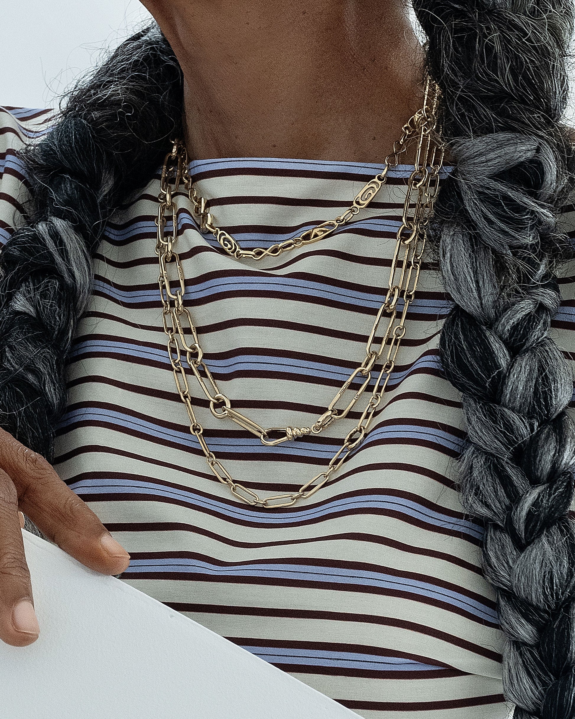 Styled image on model featuring the Infinity Openable Link Necklace, Link Necklace with its Coiled Swivel Charm Holder clasp centered, and a Petite Link Necklace.