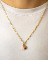 Hot Dog Chain Necklace, Dumpling Sauce Packet Charm and Steamed Dumpling Charm on model.