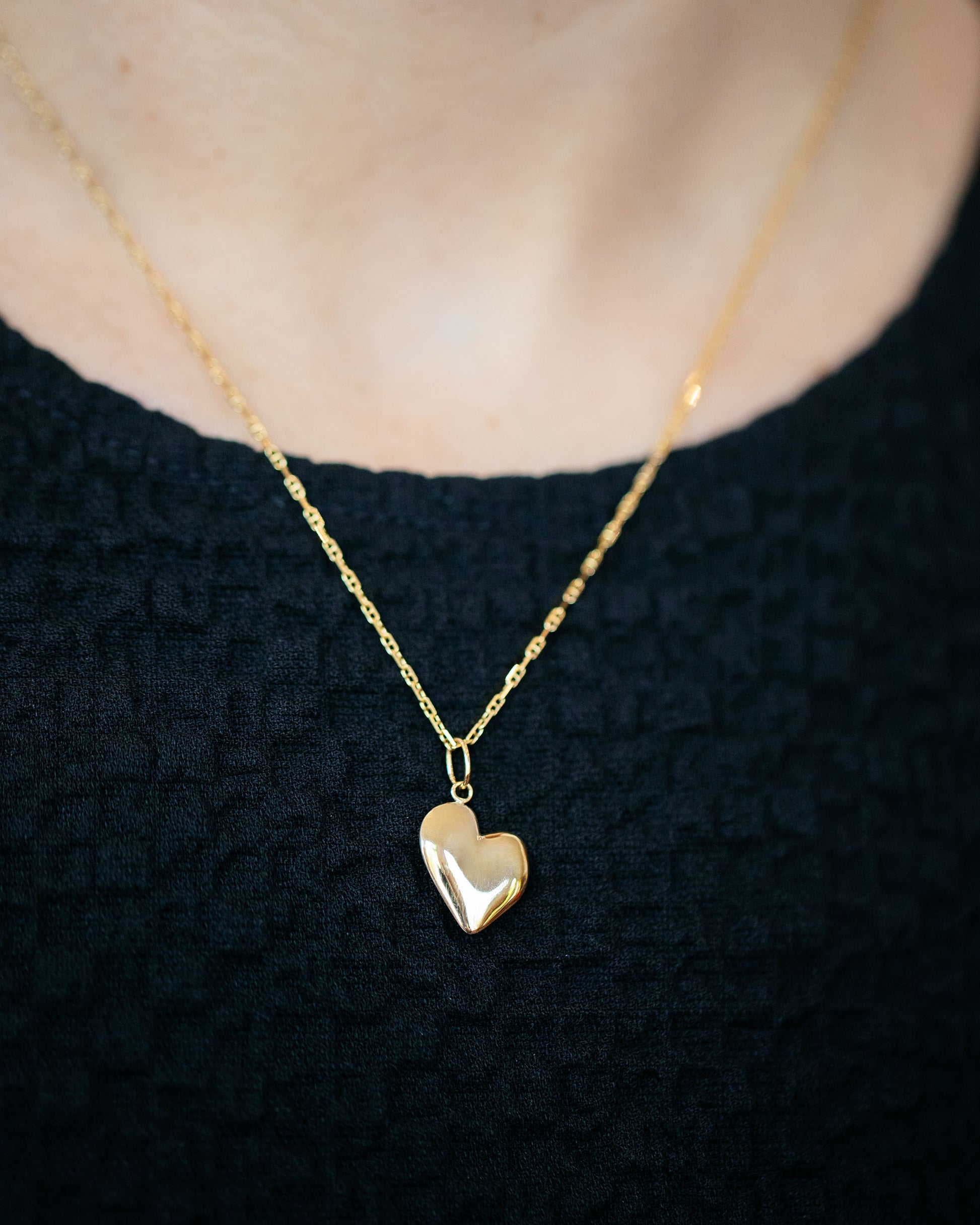 Hot Dog Chain Necklace and Gold Grand Thousand & One Night Heart Charm on model.