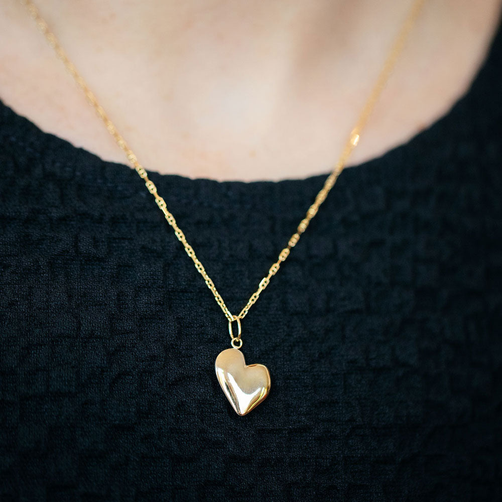 product_details::Hot Dog Chain Necklace and Gold Grand Thousand & One Night Heart Charm on model.