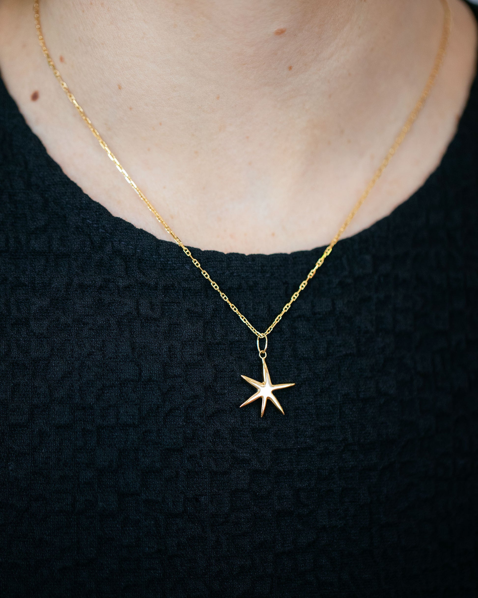 Hot Dog Chain Necklace and Gold Grand Verve Six Point Star Charm on model.