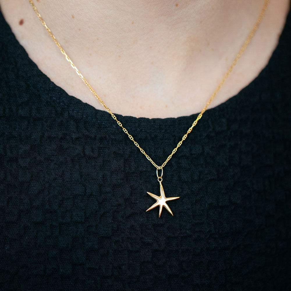 product_details::Hot Dog Chain Necklace and Gold Grand Verve Six Point Star Charm on model.