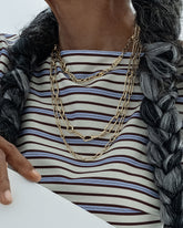 Styled image on model featuring the Infinity Openable Link Necklace, Link Necklace with its Coiled Swivel Charm Holder clasp centered, and a Petite Link Necklace.