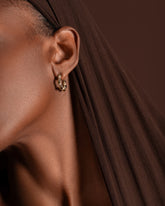 Gold Wrapped Hoop Earrings on model.