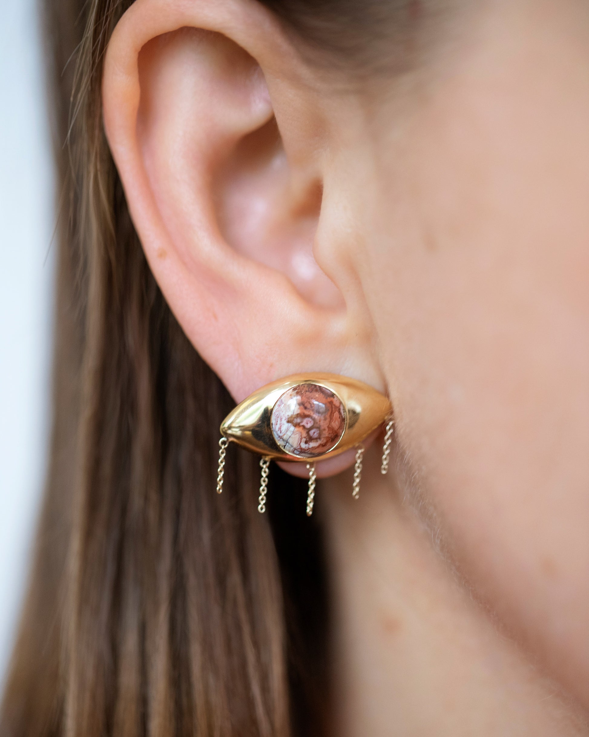 Agate Eye Earrings on model.