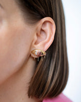 Agate Eye Earrings on model.