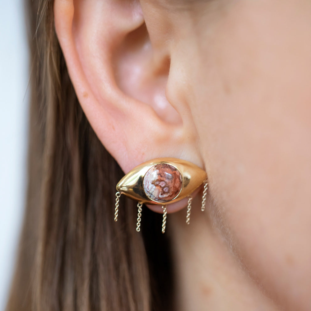 product_details::Agate Eye Earrings on model.