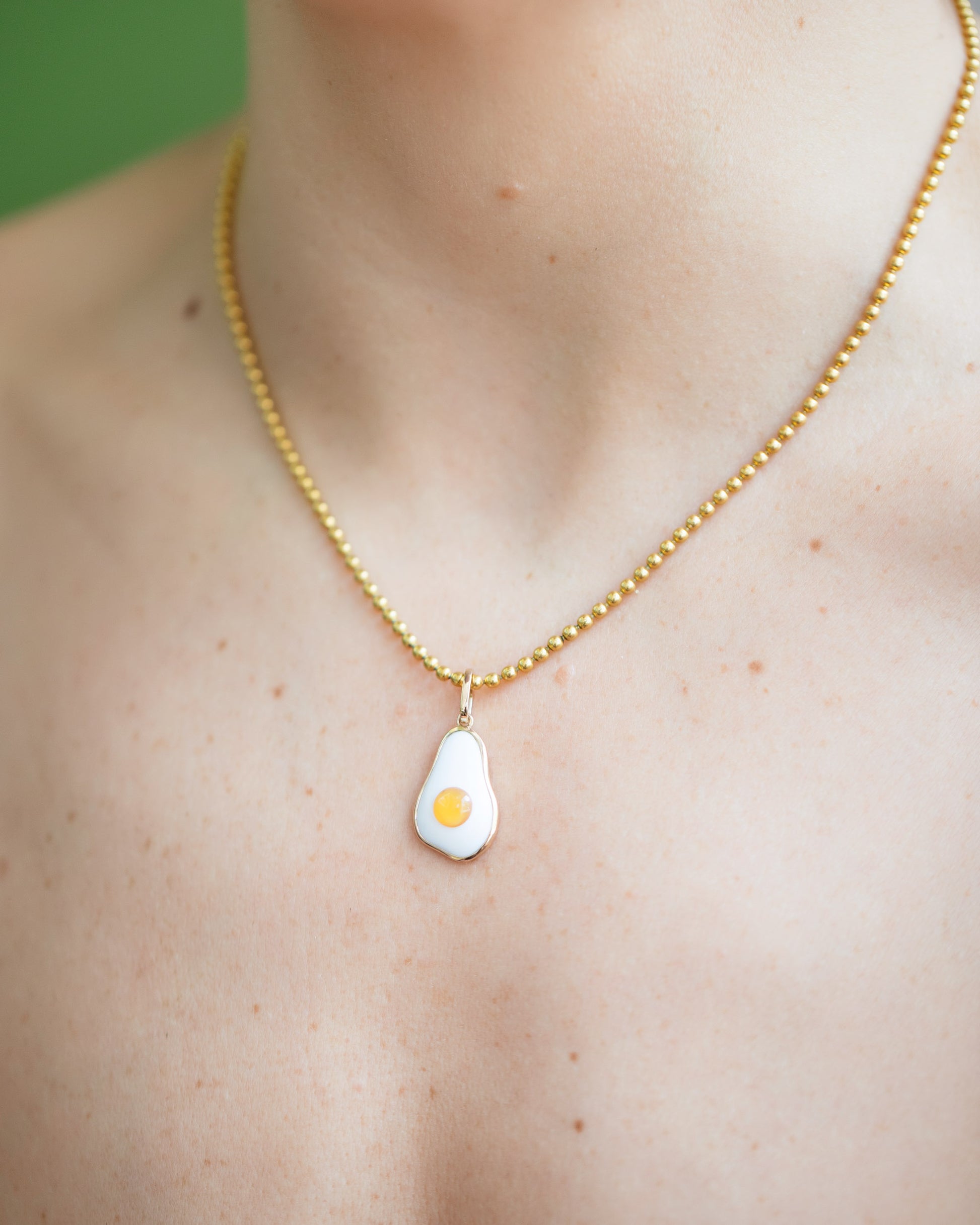 Vintage Ball Chain Necklace and Fried Egg Pendant on model.