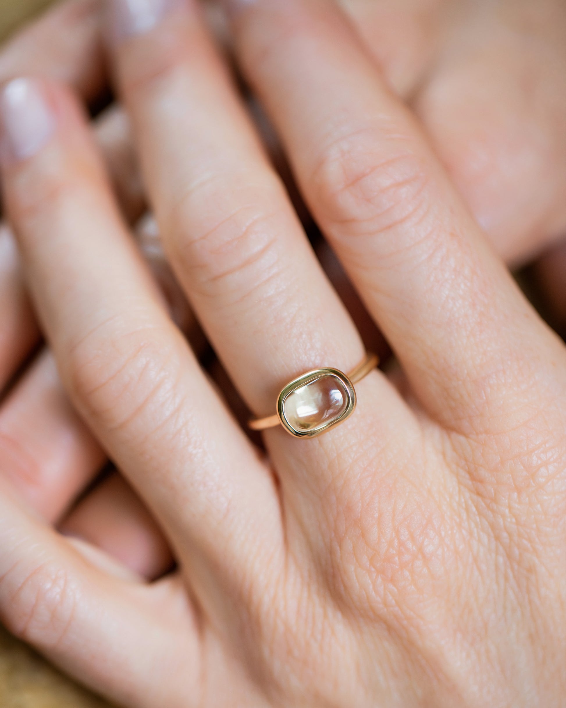 Green Sapphire Gusher Ring on model.