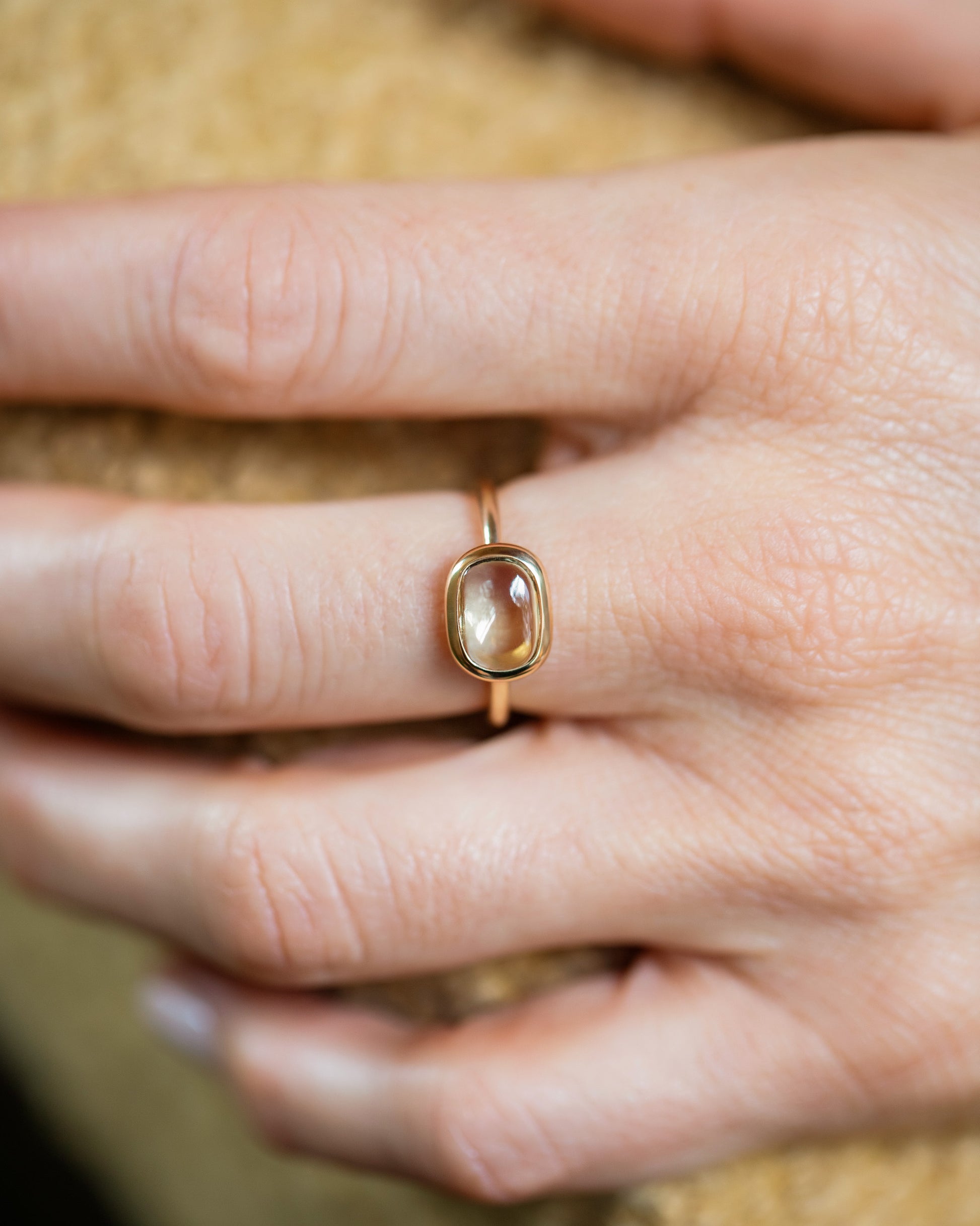 Green Sapphire Gusher Ring on model.