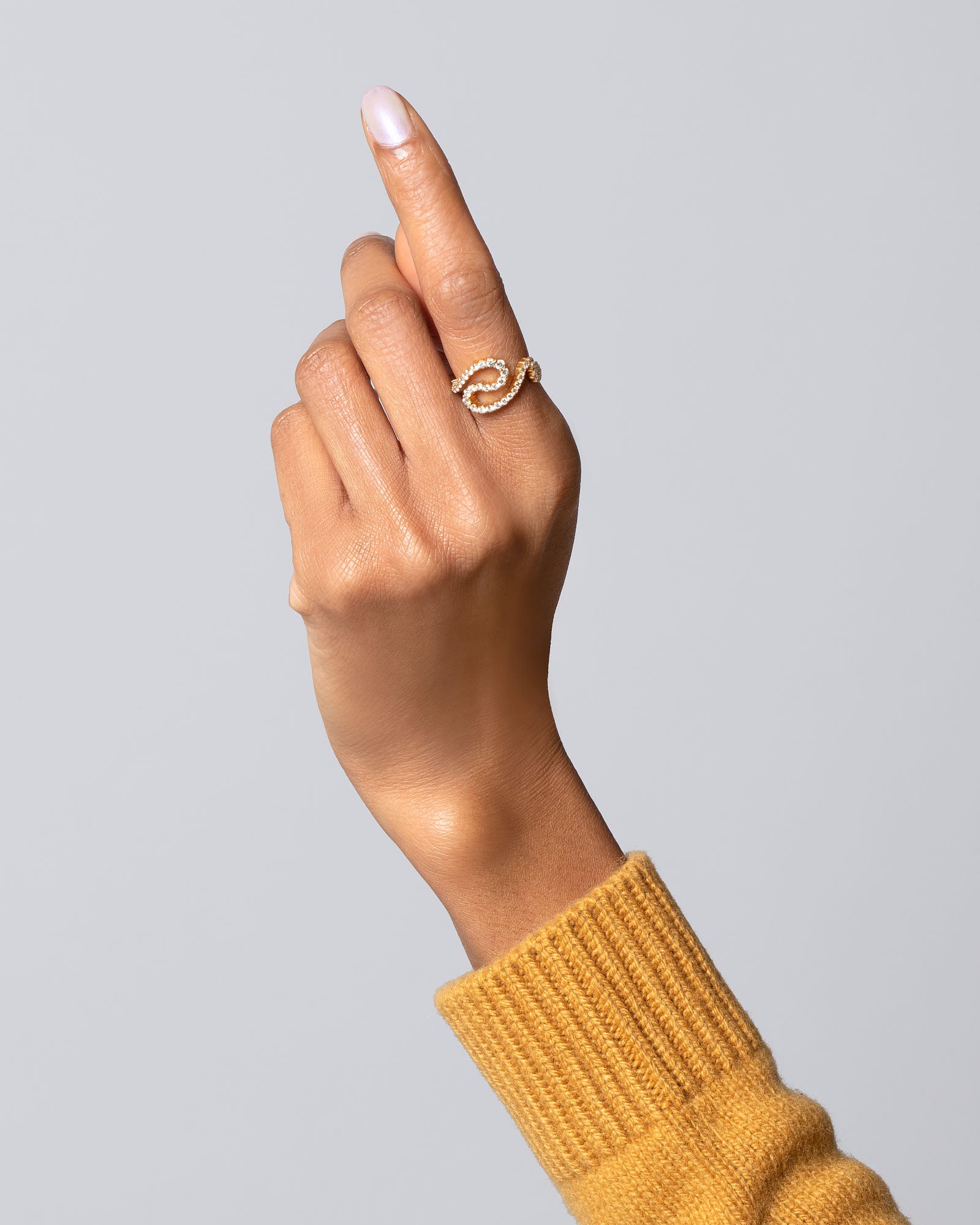 Gold White Diamond Tsunami Ring on model.