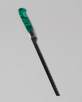 Santa Fe Stoneworks Tru Stone Malachite Bread Knife on light color background.