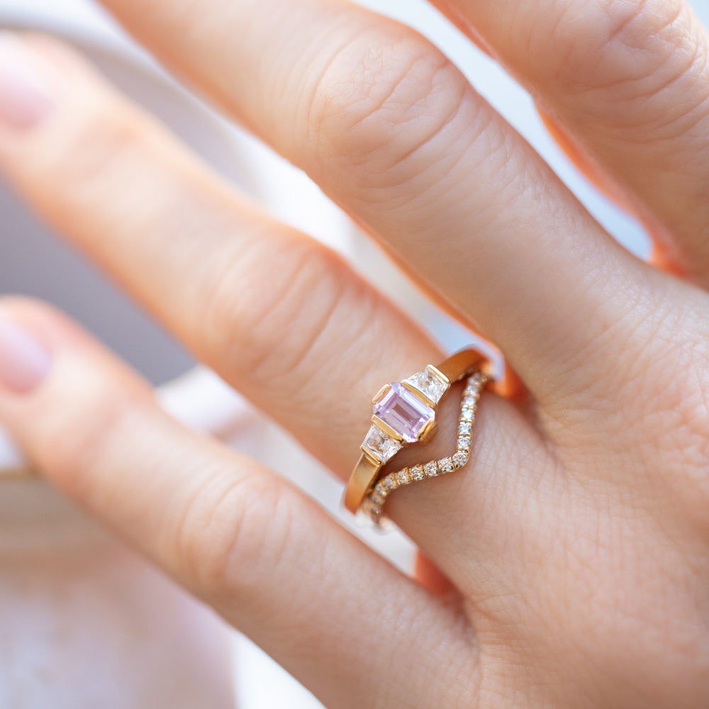 product_details::Gold White Diamond Pavé High Peak Band and Sweetheart Ring stack on model.