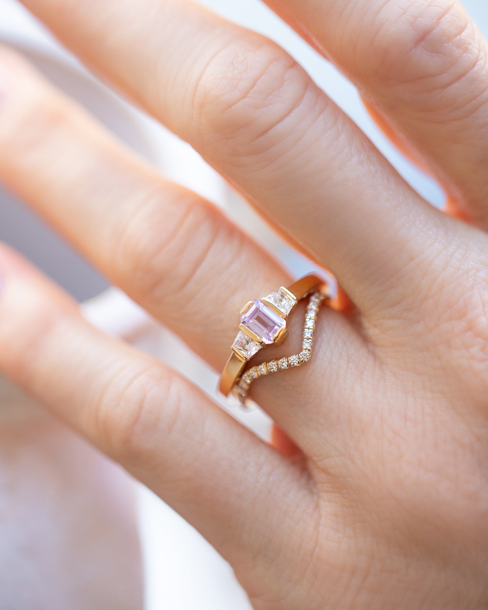 Gold White Diamond Pavé High Peak Band and Sweetheart Ring stack on model.