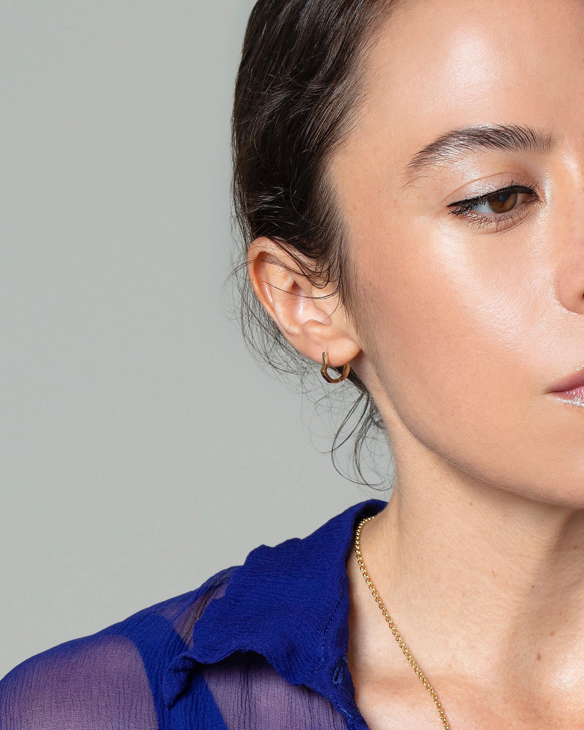 Madrone Flower Bud Hoop Earrings on model.