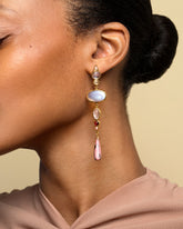 Moonstone & Alaskan Rhodolite Earrings on model.