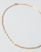 Closeup details of the Long Oval Chain Necklace on light color background.