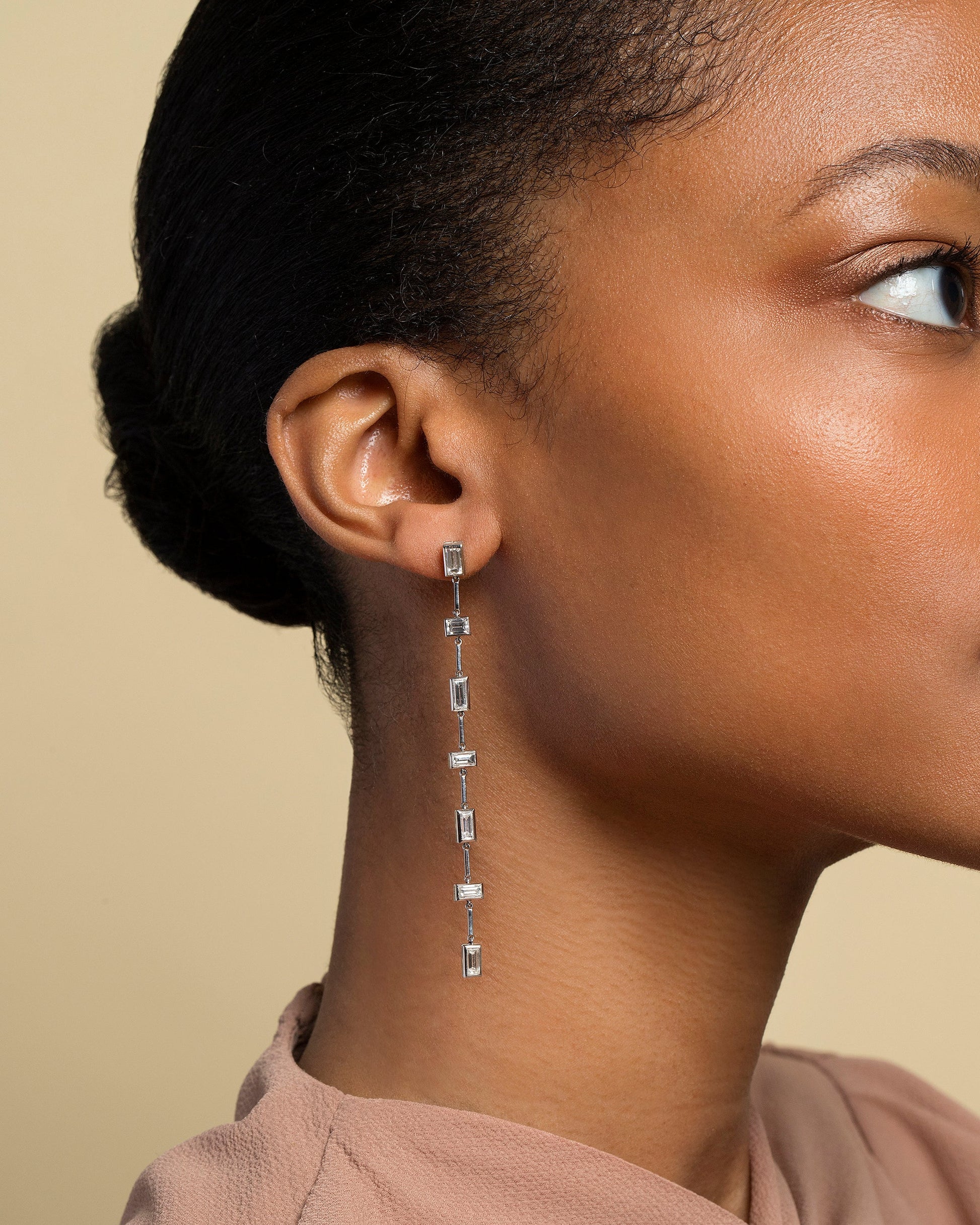 Diamond Baguette Drop Earrings on model.