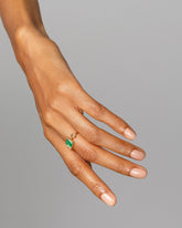 Emerald Moon Ring on model.