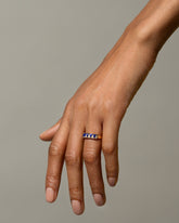 Gold Lapis Five Triangle Ring on model.