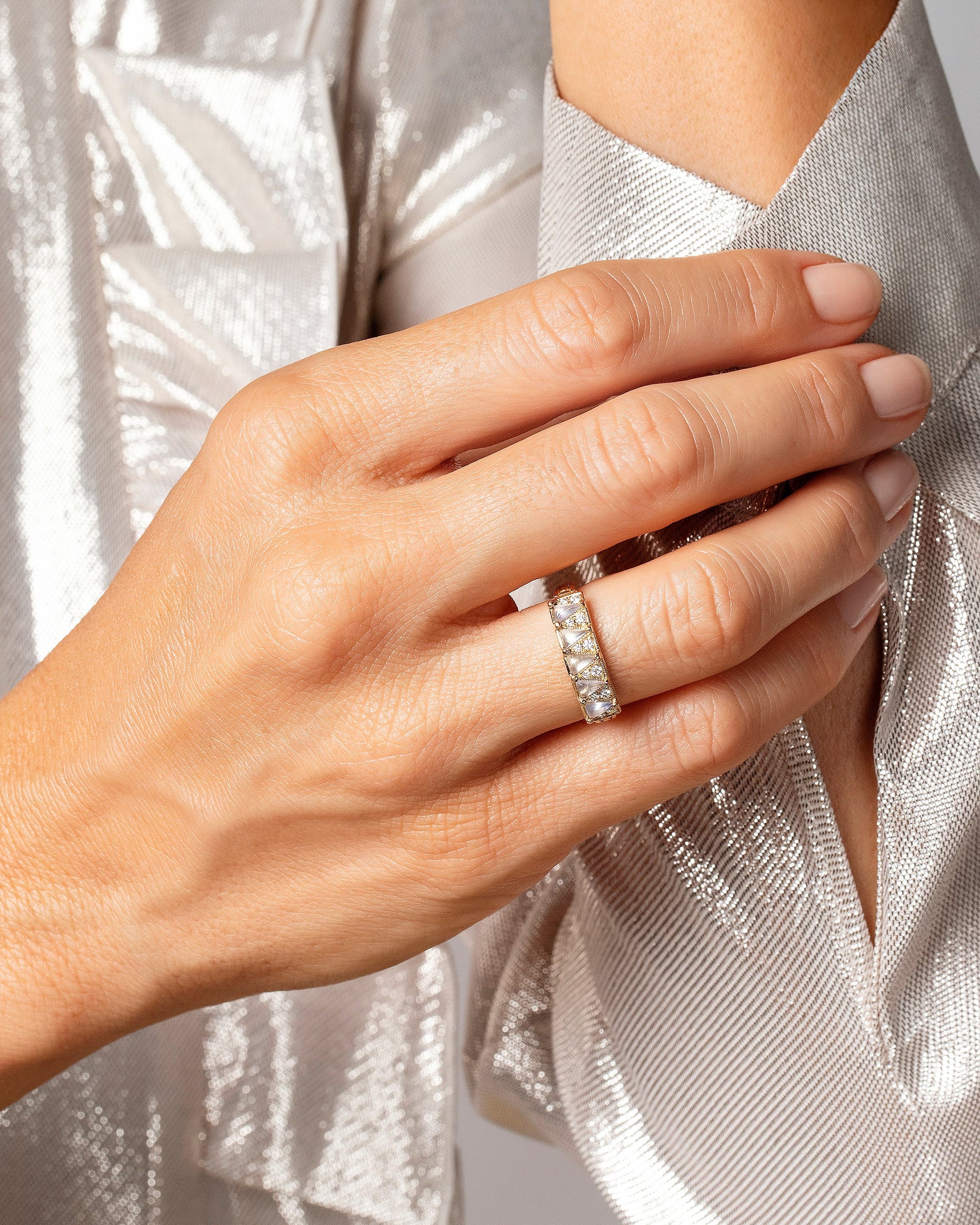 Gold Blue Chalcedony Five Triangle Ring on model.